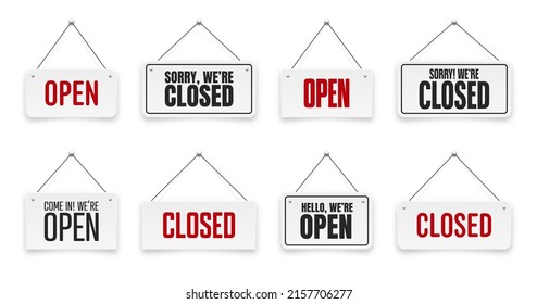 Realistic open or closed hanging signboards. Vintage door sign for cafe, restaurant, bar or retail store. Announcement banner, information signage for business or service. Vector illustration