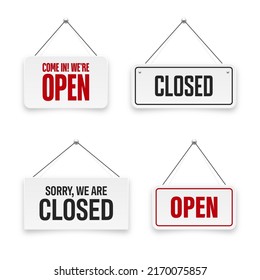 Realistic open or closed hanging signboards. Vintage door sign for cafe, restaurant, bar or retail store. Announcement banner, information signage for business or service. Vector illustration