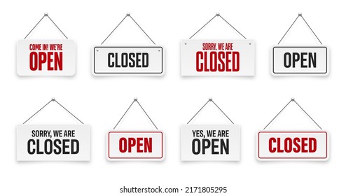 Realistic open or closed hanging signboards. Vintage door sign for cafe, restaurant, bar or retail store. Announcement banner, information signage for business or service. Vector illustration