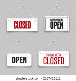 Realistic open or closed hanging signboards. Vintage door sign for cafe, restaurant, bar or retail store. Announcement banner, information signage for business or service. Vector illustration