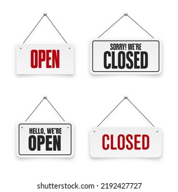 Realistic open or closed hanging signboards. Vintage door sign for cafe, restaurant, bar or retail store. Announcement banner, information signage for business or service. Vector illustration