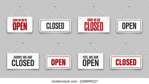 Realistic open or closed hanging signboards. Vintage door sign for cafe, restaurant, bar or retail store. Announcement banner, information signage for business or service. Vector illustration