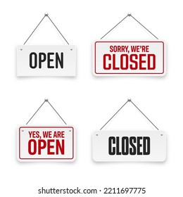 Realistic open or closed hanging signboards. Vintage door sign for cafe, restaurant, bar or retail store. Announcement banner, information signage for business or service. Vector illustration