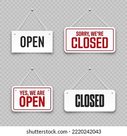 Realistic open or closed hanging signboards. Vintage door sign for cafe, restaurant, bar or retail store. Announcement banner, information signage for business or service. Vector illustration