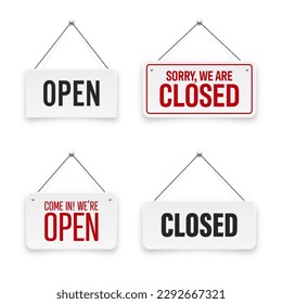 Realistic open or closed hanging signboards. Vintage door sign for cafe, restaurant, bar or retail store. Announcement banner, information signage for business or service. Vector illustration