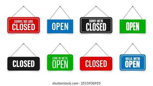 Realistic open or closed hanging signboards. Vintage door sign for cafe, restaurant, bar or retail store. Announcement banner, information signage for business or service. Vector illustration