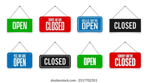 Realistic open or closed hanging signboards. Vintage door sign for cafe, restaurant, bar or retail store. Announcement banner, information signage for business or service. Vector illustration