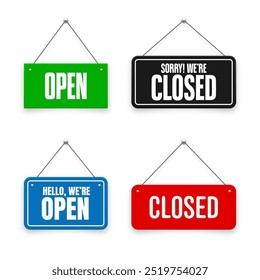 Realistic open or closed hanging signboards. Vintage door sign for cafe, restaurant, bar or retail store. Announcement banner, information signage for business or service. Vector illustration