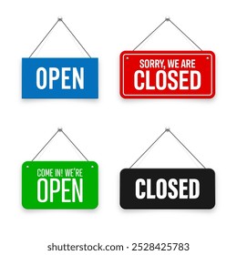 Realistic open or closed hanging signboards. Vintage door sign for cafe, restaurant, bar or retail store. Announcement banner, information signage for business or service. Vector illustration