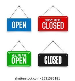 Realistic open or closed hanging signboards. Vintage door sign for cafe, restaurant, bar or retail store. Announcement banner, information signage for business or service. Vector illustration