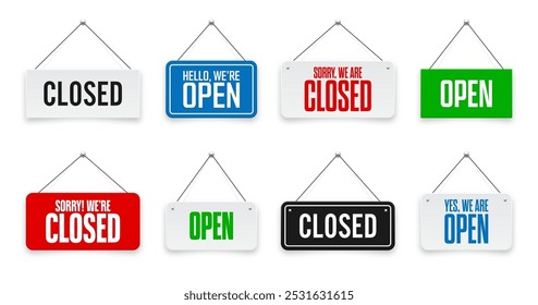 Realistic open or closed hanging signboards. Vintage door sign for cafe, restaurant, bar or retail store. Announcement banner, information signage for business or service. Vector illustration