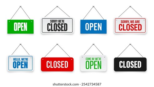 Carteles colgantes abiertos o cerrados realistas. Señal de puerta de Antiguas para cafetería, restaurante, bar o tienda minorista. Anuncio de anuncio, señalización de información para negocios o servicios. Ilustración vectorial