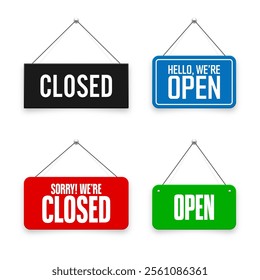 Realistic open or closed hanging signboards. Vintage door sign for cafe, restaurant, bar or retail store. Announcement banner, information signage for business or service. Vector illustration