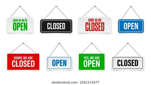 Realistic open or closed hanging signboards. Vintage door sign for cafe, restaurant, bar or retail store. Announcement banner, information signage for business or service. Vector illustration