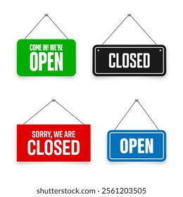 Realistic open or closed hanging signboards. Vintage door sign for cafe, restaurant, bar or retail store. Announcement banner, information signage for business or service. Vector illustration