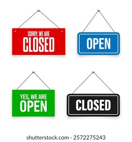 Realistic open or closed hanging signboards. Vintage door sign for cafe, restaurant, bar or retail store. Announcement banner, information signage for business or service. Vector illustration