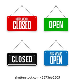 Realistic open or closed hanging signboards. Vintage door sign for cafe, restaurant, bar or retail store. Announcement banner, information signage for business or service. Vector illustration