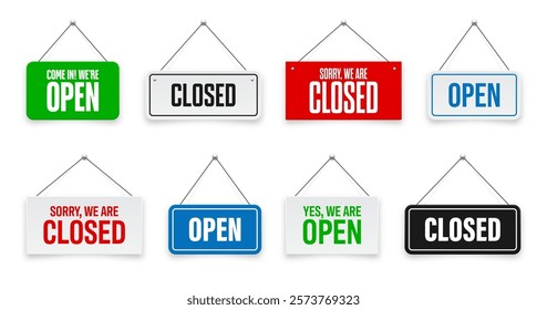 Realistic open or closed hanging signboards. Vintage door sign for cafe, restaurant, bar or retail store. Announcement banner, information signage for business or service. Vector illustration