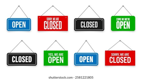 Realistic open or closed hanging signboards. Vintage door sign for cafe, restaurant, bar or retail store. Announcement banner, information signage for business or service. Vector illustration