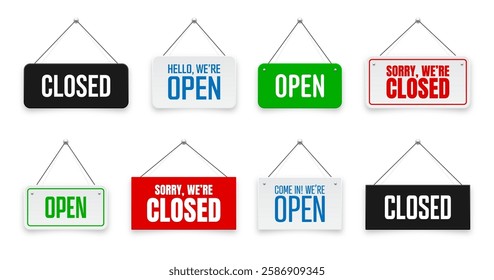 Realistic open or closed hanging signboards. Vintage door sign for cafe, restaurant, bar or retail store. Announcement banner, information signage for business or service. Vector illustration