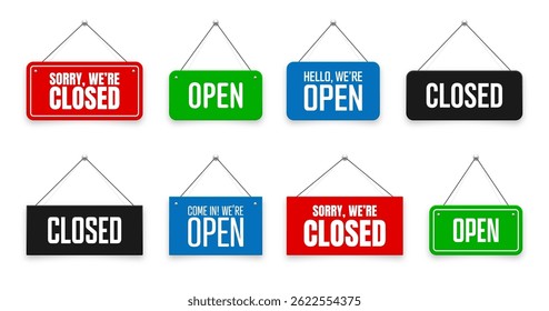 Realistic open or closed hanging signboards. Vintage door sign for cafe, restaurant, bar or retail store. Announcement banner, information signage for business or service. Vector illustration