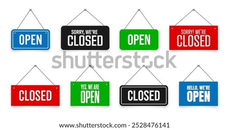 Realistic open or closed hanging signboards. Vintage door sign for cafe, restaurant, bar or retail store. Announcement banner, information signage for business or service. Vector illustration