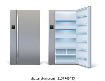 Realistic open and closed modern refrigerator mockup with shelves. Empty wide fridge with sensor panel. Home kitchen refrigerator vector set. Electrical freezer for products, fresh food storage