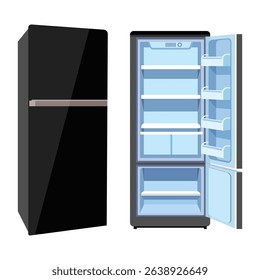 Realistic open and closed modern refrigerator mockup with shelves. Empty wide fridge with sensor panel. Home kitchen refrigerator vector set. Electrical freezer for products, fresh food storage