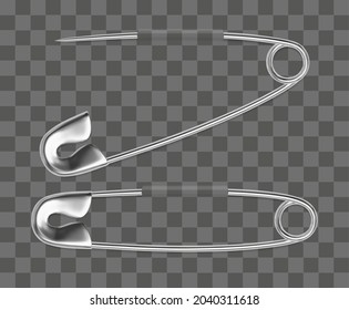 Realistic open and closed sewing safety pin. Vector template on transparent background