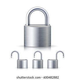 Realistic Open And Closed Silver Padlocks Set. Isolated On White
