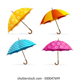 Realistic Open Colorful Umbrellas Set. Seasonal Fashion Accessory. Vector illustration of Vector illustration of Parasol Fabric multicolor 