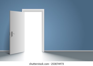 Realistic Open Door In Blue Wall. Vector Illustration