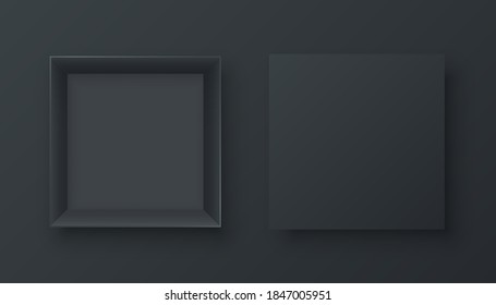 Realistic open empty gift box two view. Paper square cardboard black container mockup. Blank package model for wrapped product, present, surprise delivery. Object isolated on dark background