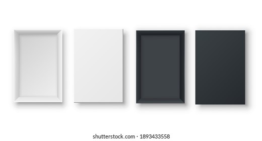 Realistic open empty gift boxes two view. Paper rectangle cardboard white and black container mockups. Blank package models for wrapped product, present, surprise delivery. Objects isolated on white