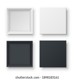 Realistic open empty gift boxes two view. Paper square cardboard white and black container mockups. Blank package models for wrapped product, present, surprise delivery. Objects isolated on white