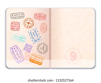 Realistic open foreign passport with immigration stamps on one of pages isolated on white