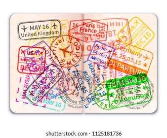 Realistic open foreign passport with many bright colorful immigration stamps isolated on white