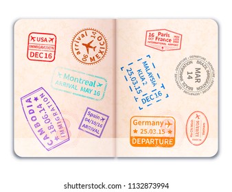 Realistic open foreign passport with many immigration stamps isolated on white