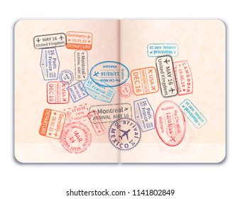 Passeport étranger ouvert réaliste avec de nombreux timbres d'immigration colorés et lumineux en forme de train isolés sur blanc