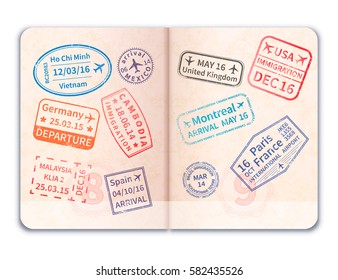 Realistic open foreign passport and many immigration stamps isolated white