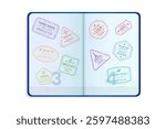 Realistic Open Foreign Passport with Multiple Immigration Stamps on a White Background