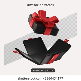 Caja de regalo abierta realista color negro con arco de cinta roja. Caja de regalo abierta vacía con arco. elemento de diseño de Black Friday