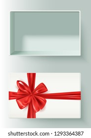 Realistic open gift box with decorative red bow, vector illustration
