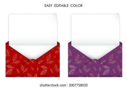 realistic open gold red envelope with blank sheet of paper inside. Detailed congratulatory template. Japanese, leaf ornament on envelope. Vector