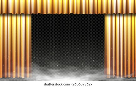 Realistic open gold theater curtain vector illustration. Luxurious silk drape with flowing folds, sparkles and glowing light. Perfect for stage backgrounds, performances or elegant event designs.