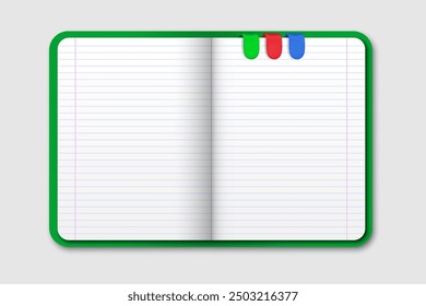 Realistic open green notebook isolated on grey background. Top view moleskin. Notebook with lined sheets and colorful type bookmarks. Vector illustration.