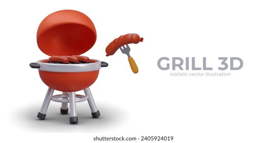 Parrilla abierta realista para cocinar en llamas. Preparación de una sabrosa salchicha barbacoa. Cartel con fondo blanco y lugar para el texto. Ilustración vectorial en estilo 3d