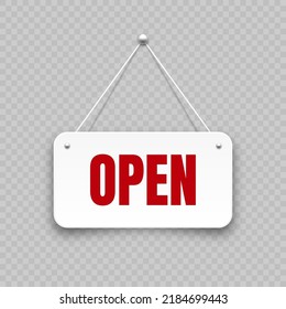 Realistic open hanging signboard. Vintage door sign for cafe, restaurant, bar or retail store. Announcement banner, information signage for business or service. Vector illustration