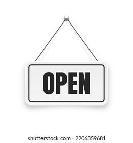 Realistic open hanging signboard. Vintage door sign for cafe, restaurant, bar or retail store. Announcement banner, information signage for business or service. Vector illustration