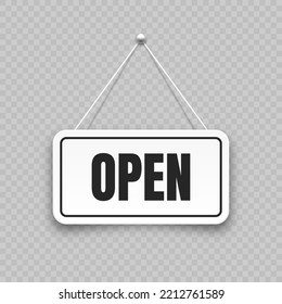 Realistic open hanging signboard. Vintage door sign for cafe, restaurant, bar or retail store. Announcement banner, information signage for business or service. Vector illustration
